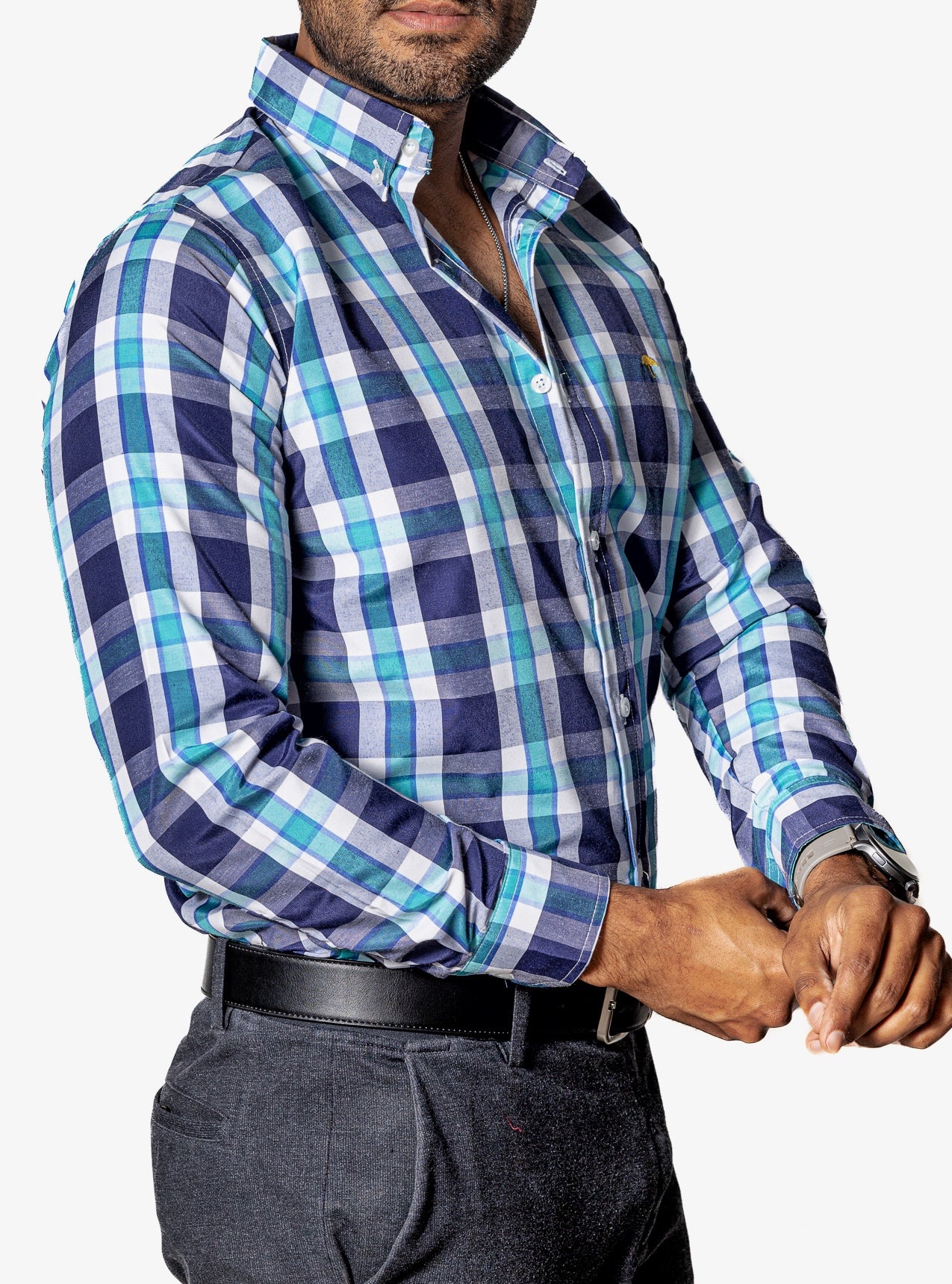 Camisa Casual Hombre ,cuadro Verde Agua,azul Marino Y Blanco - Tiendas Platino Camisas Hombre 34 (S)