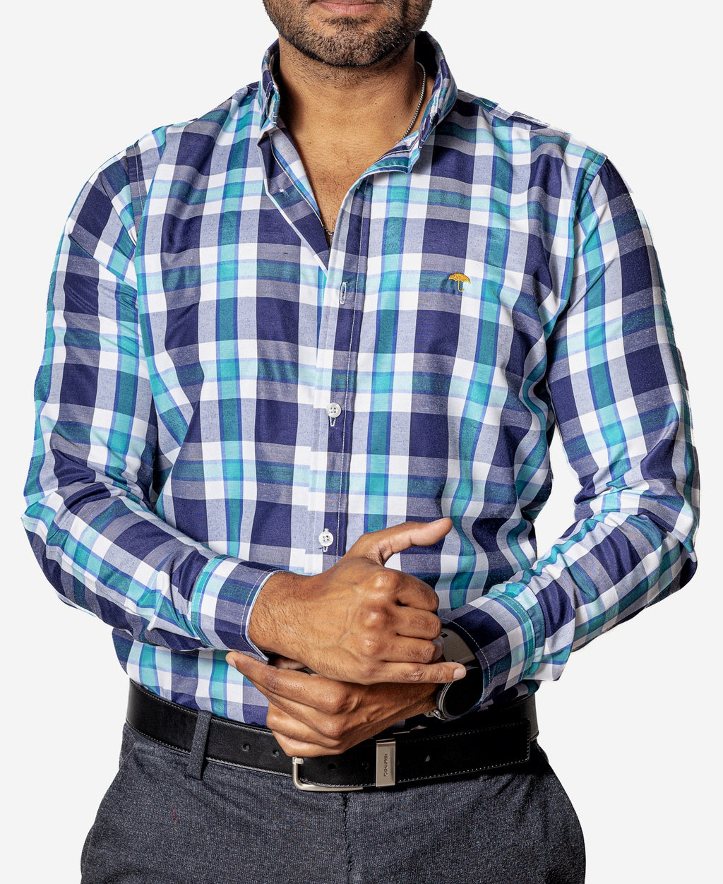 Camisa Casual Hombre ,cuadro Verde Agua,azul Marino Y Blanco - Tiendas Platino Camisas Hombre 34 (S)