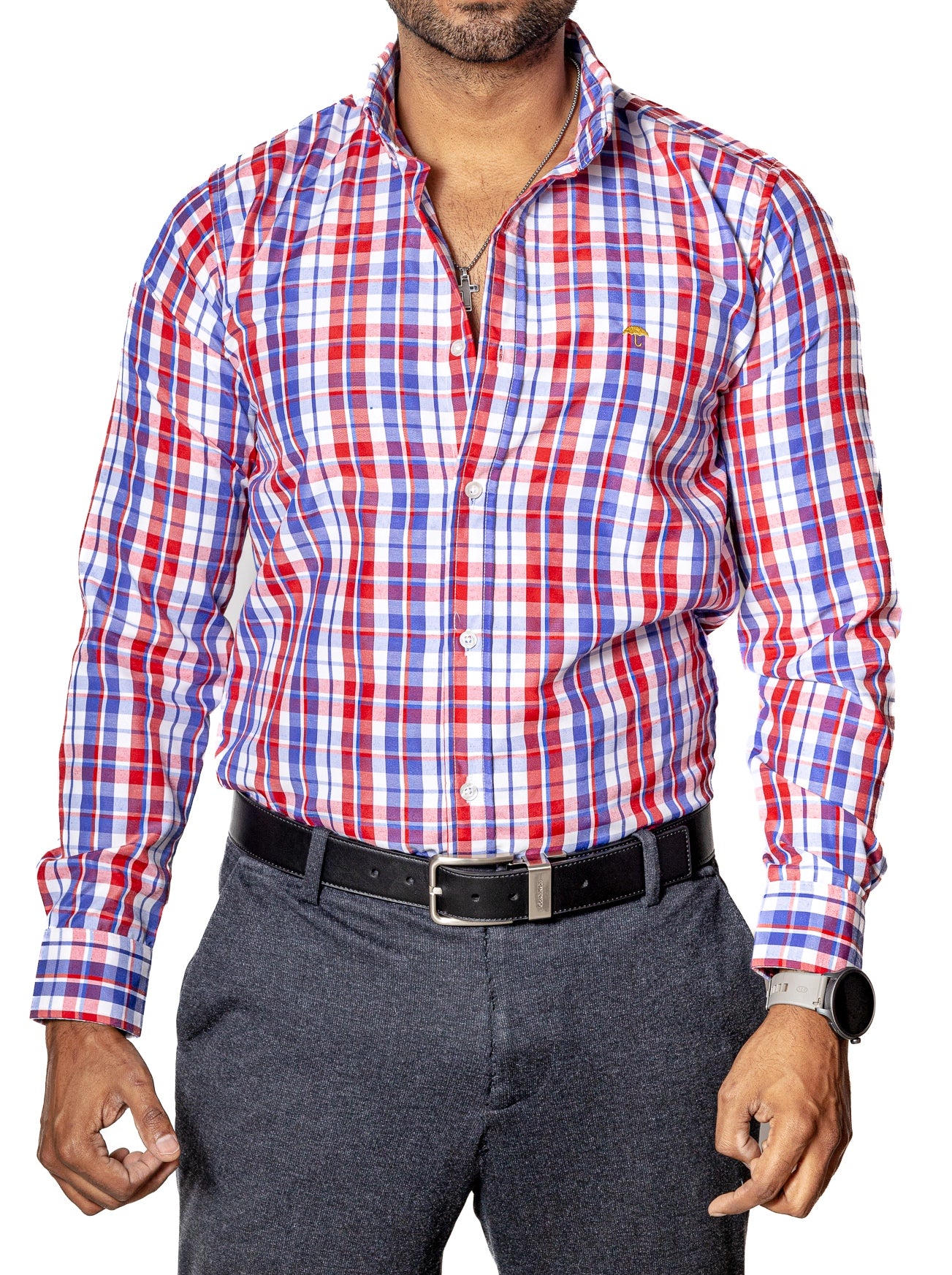 Men's Casual Shirt, Navy Blue Check, Red