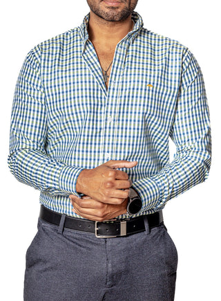 Camisa Casual Hombre, Cuadro Azul Y Verde