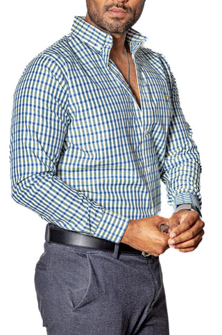 Camisa Casual Hombre, Cuadro Azul Y Verde