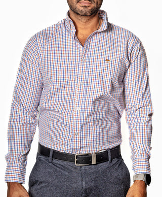 Camisa Casual Hombre,Blanca Líneas Naranja Azul Marino.