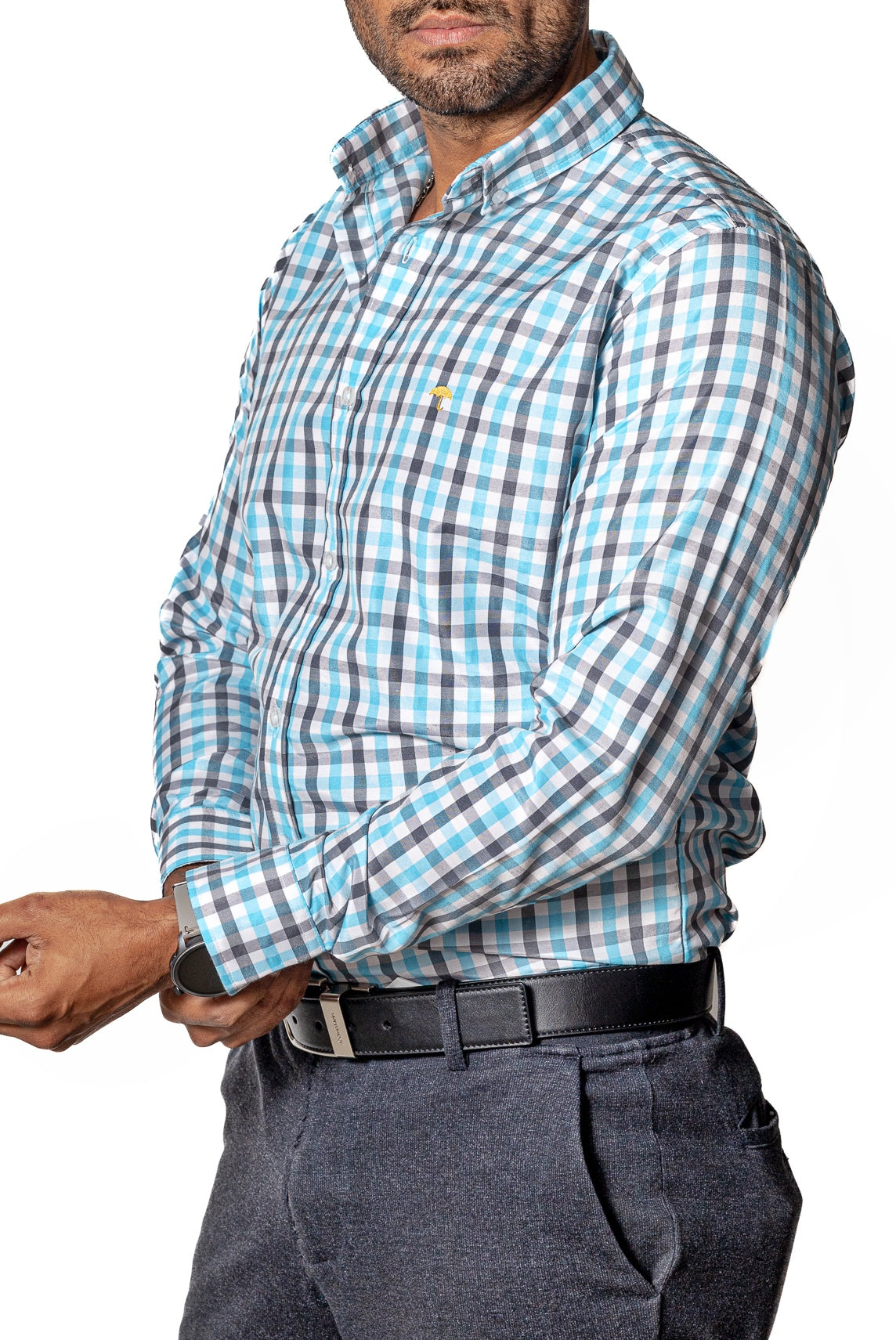 Camisa Casual Hombre ,cuadro Azul Cielo Y Gris - 34 (S)-Tiendas Platino