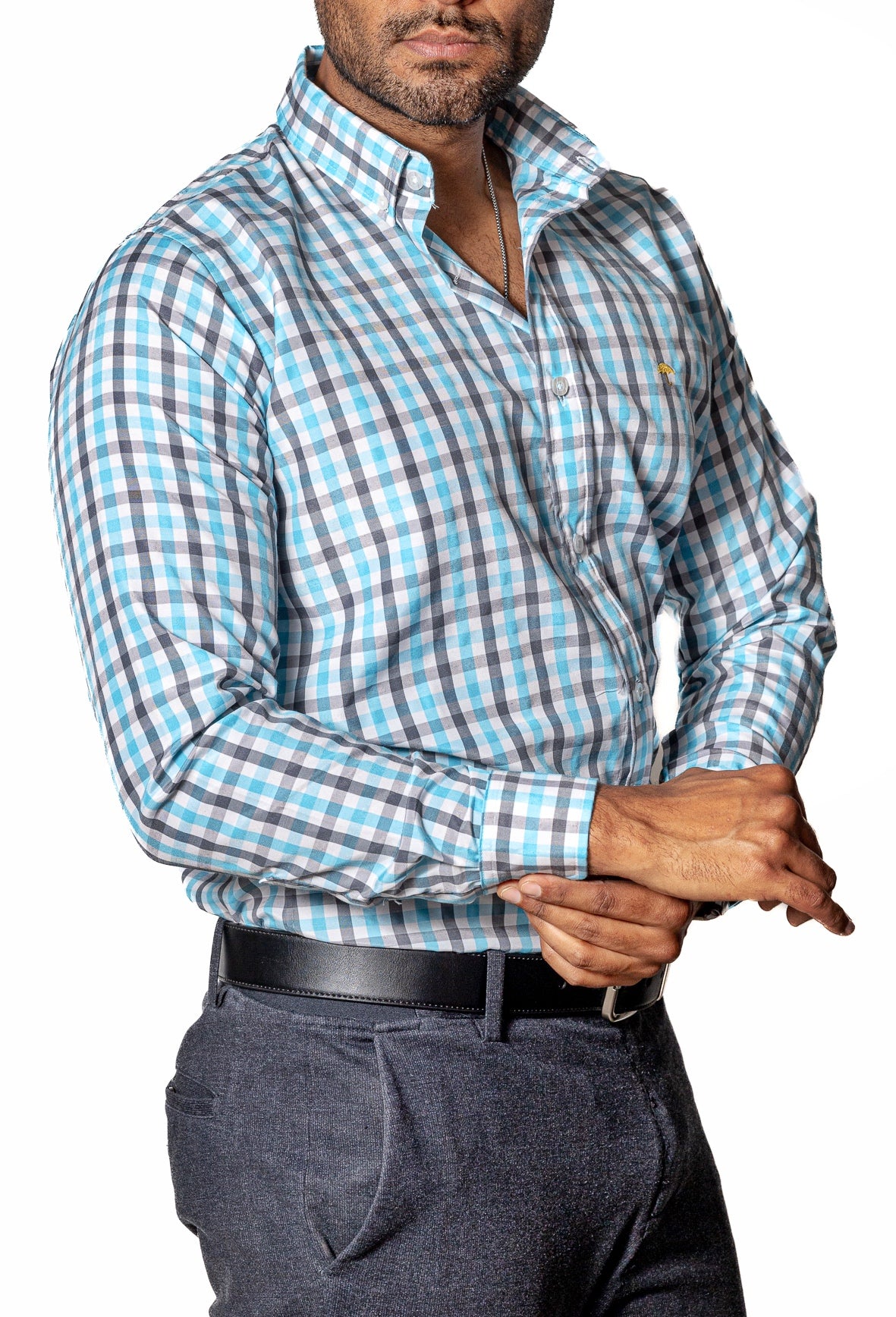 Camisa Casual Hombre ,cuadro Azul Cielo Y Gris - 34 (S)-Tiendas Platino