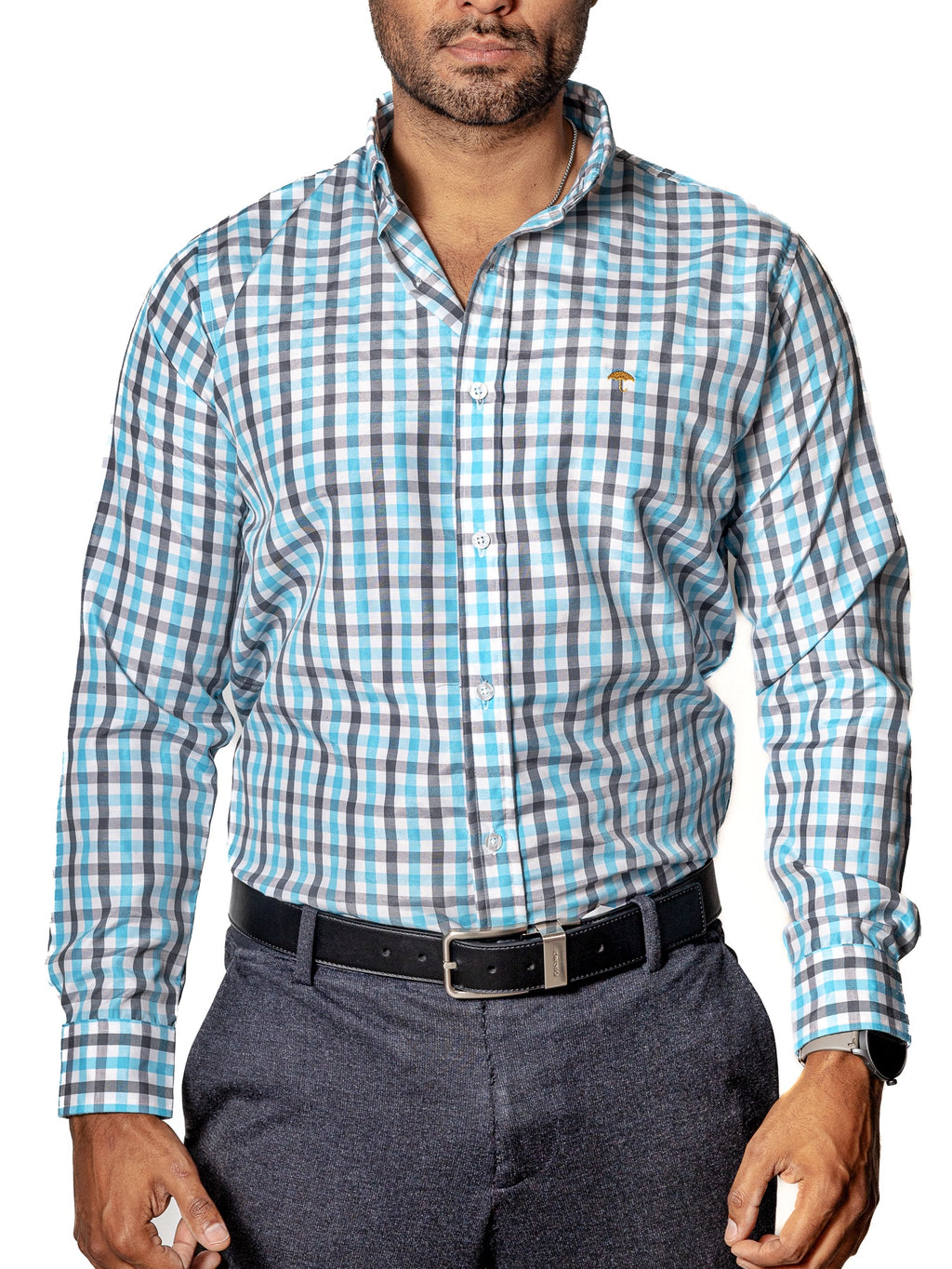 Camisa Casual Hombre ,cuadro Azul Cielo Y Gris - 34 (S)-Tiendas Platino