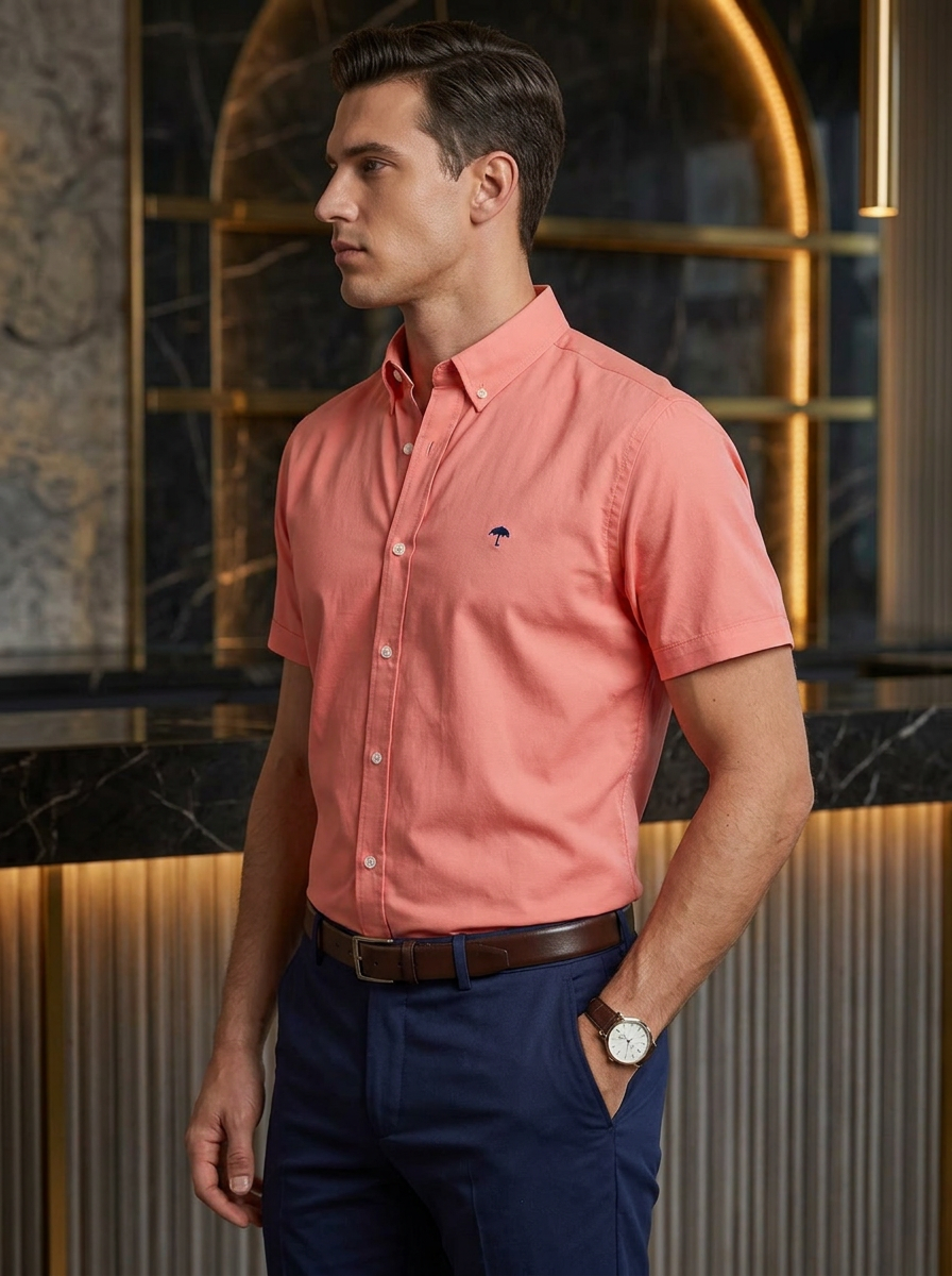 Camisa Hombre Casual Manga Corta Rosa