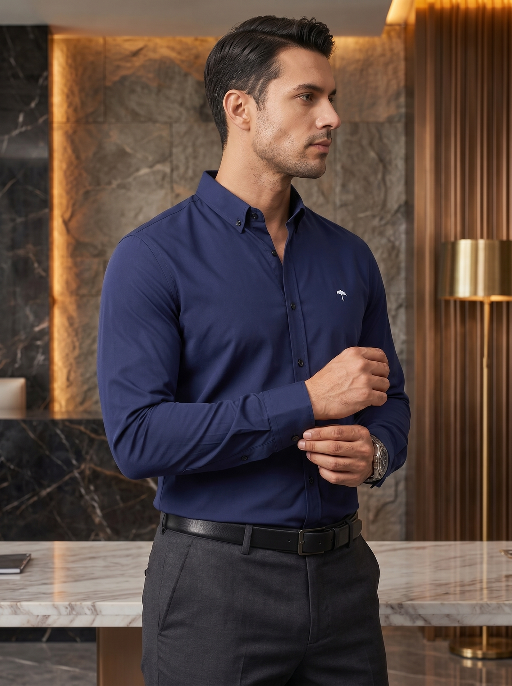 Camisa Hombre Casual Manga Larga Azul Marino