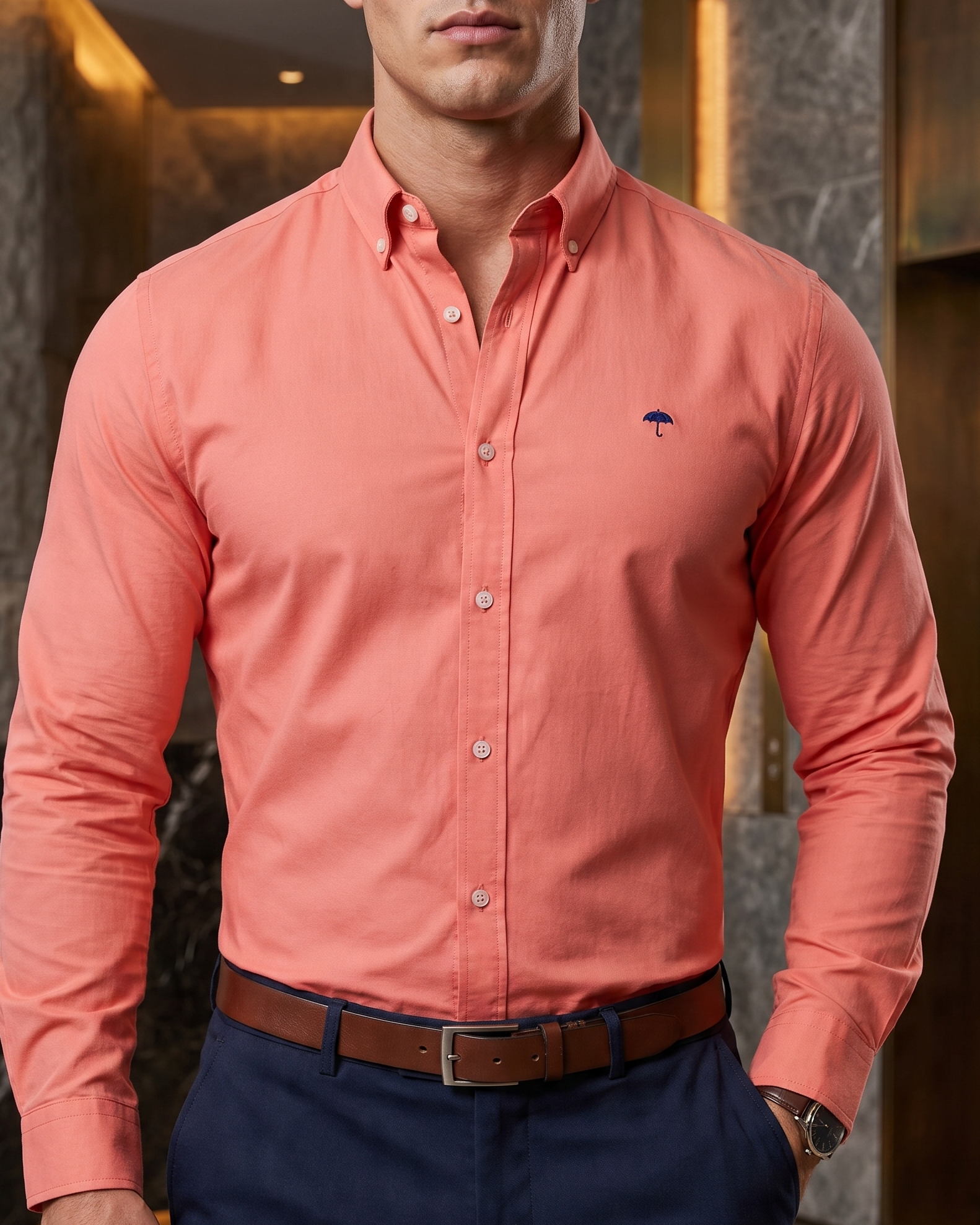 Camisa Hombre Casual Manga Larga Rosa