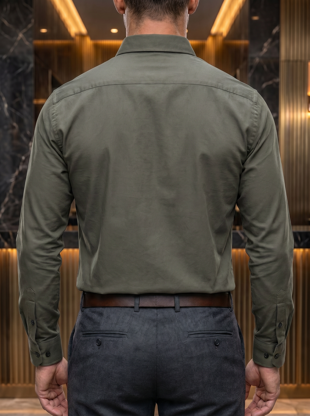 Camisa Hombre Casual Manga Larga Verde Militar Lisa
