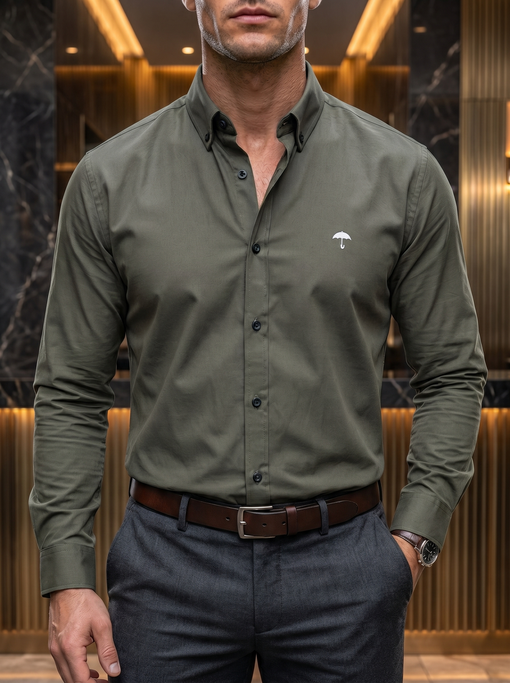 Camisa Hombre Casual Manga Larga Verde Militar Lisa