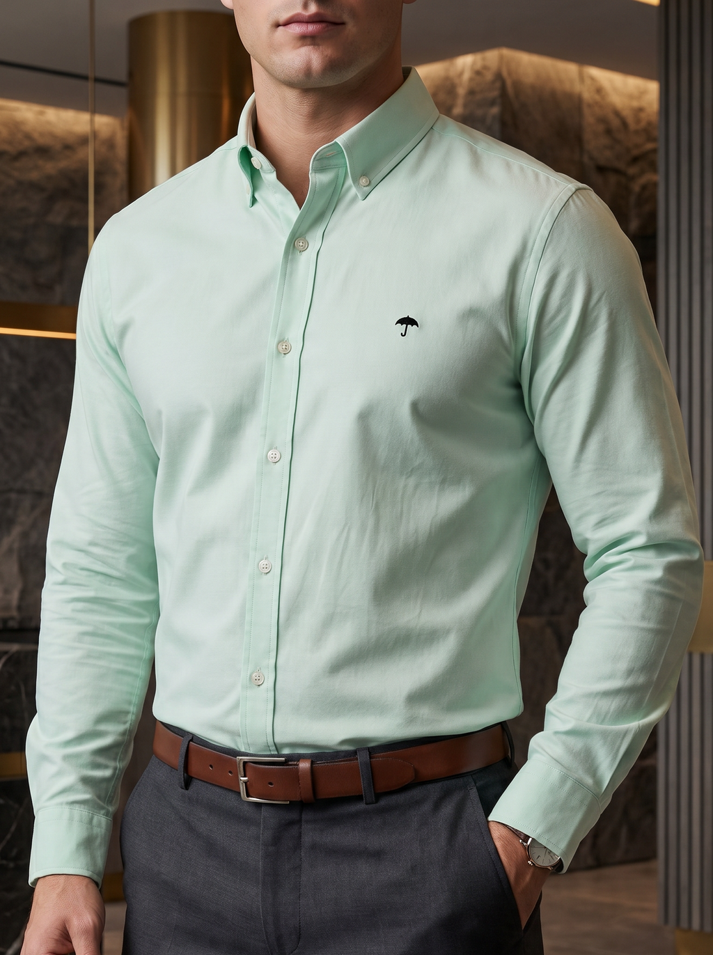 Camisa Hombre Casual Manga Larga Verde Menta