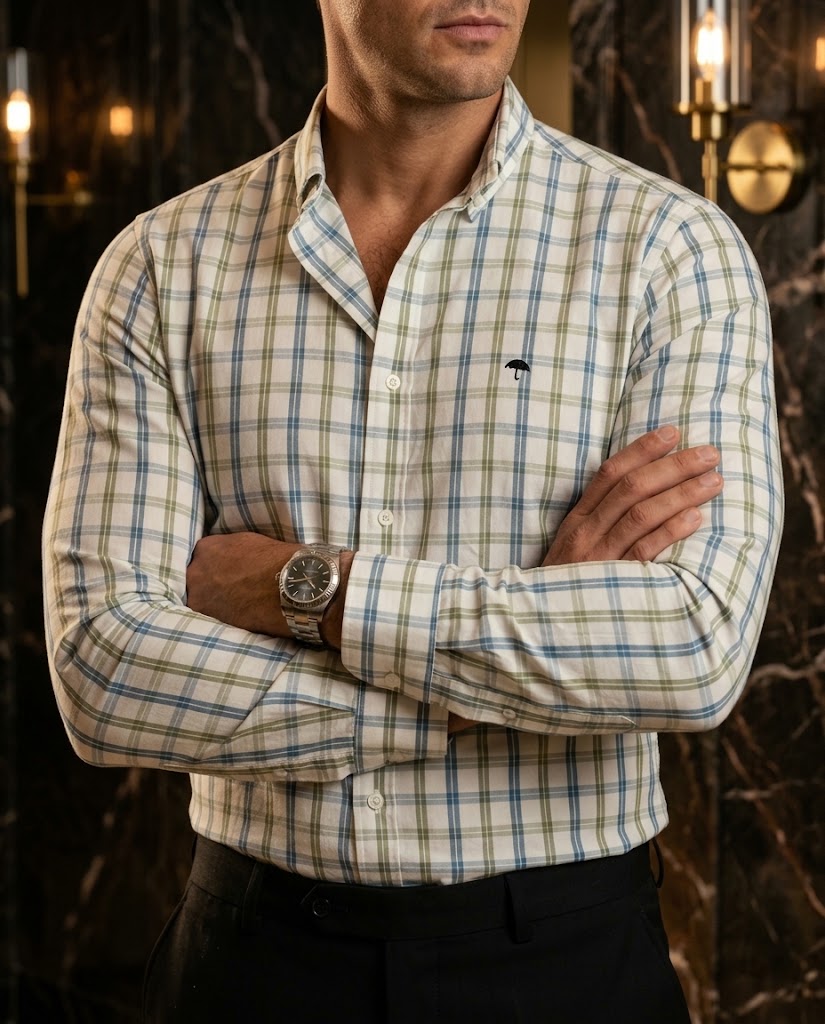 Camisa Hombre Azul Cielo Verde — Verdant Drift | Moon & Rain
