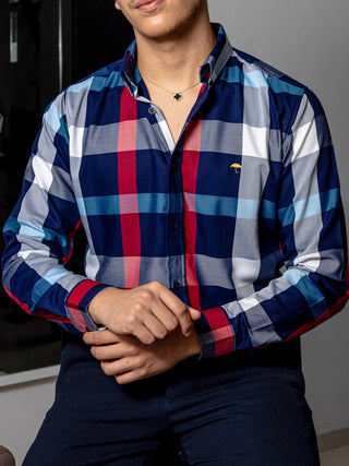 Men's Casual Shirt, Navy Blue, Gray, White and Blue Checkered