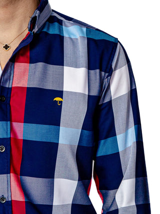Men's Casual Shirt, Navy Blue, Gray, White and Blue Checkered