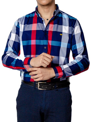 Men's Casual Shirt, Navy Blue, Gray, White and Blue Checkered