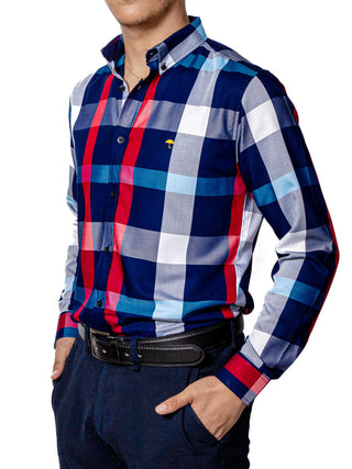 Men's Casual Shirt, Navy Blue, Gray, White and Blue Checkered