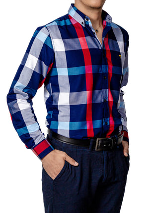 Men's Casual Shirt, Navy Blue, Gray, White and Blue Checkered