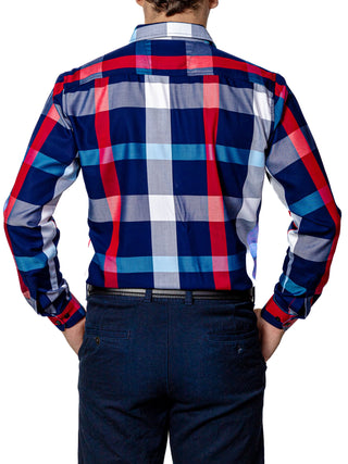Men's Casual Shirt, Navy Blue, Gray, White and Blue Checkered