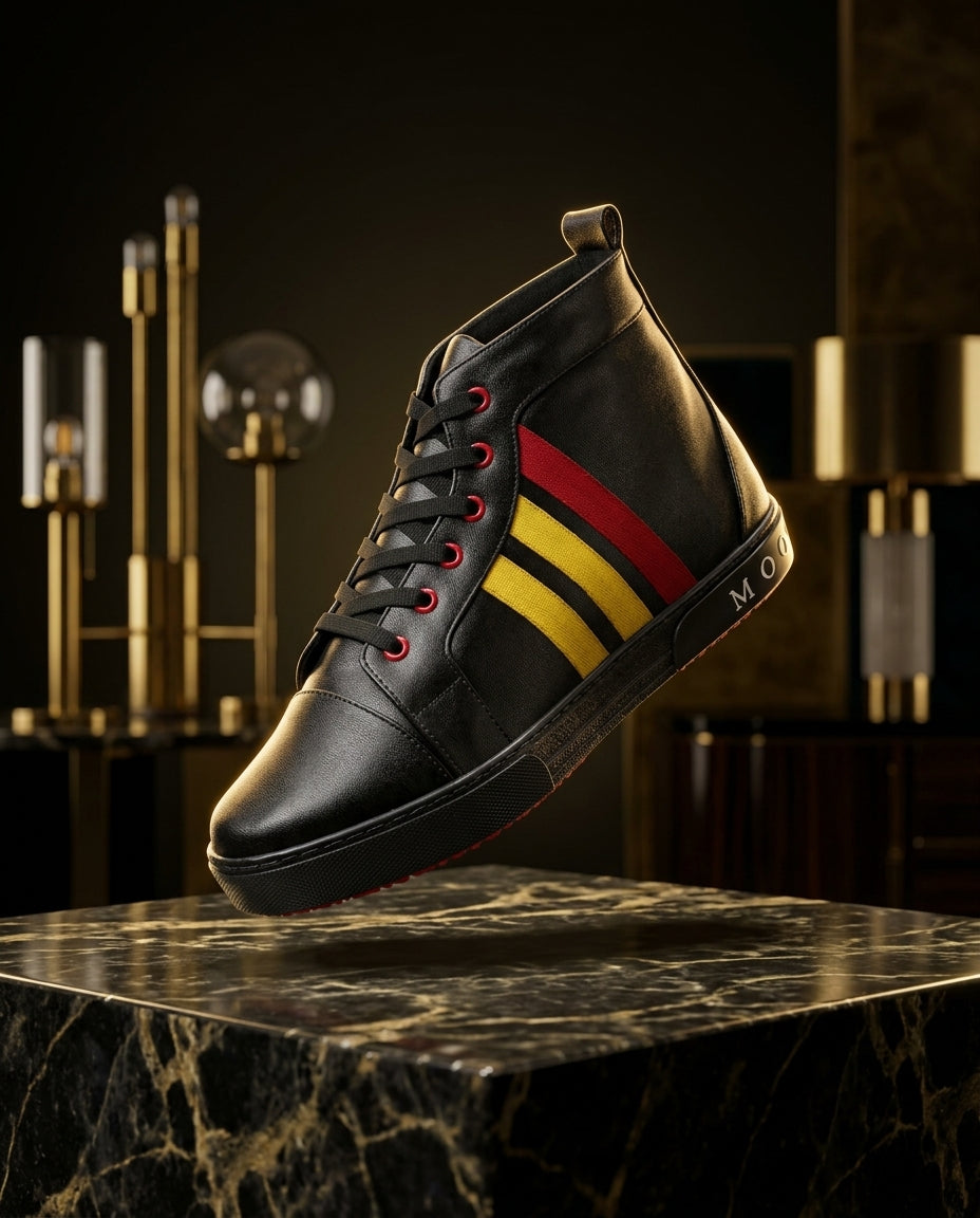 Tenis Hombre Bota Botín Negra Lisa Det. Líneas Amarillas, Rojas