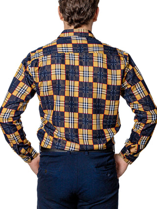 Camisa Casual Hombre,cuadros Azul Marino Y Cafe Detalle Rojo - Tiendas Platino Camisas Hombre 34 (S)