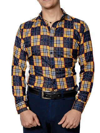 Camisa Casual Hombre,cuadros Azul Marino Y Cafe Detalle Rojo - Tiendas Platino Camisas Hombre 34 (S)
