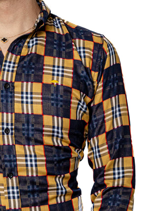 Camisa Casual Hombre,cuadros Azul Marino Y Cafe Detalle Rojo - Tiendas Platino Camisas Hombre 34 (S)