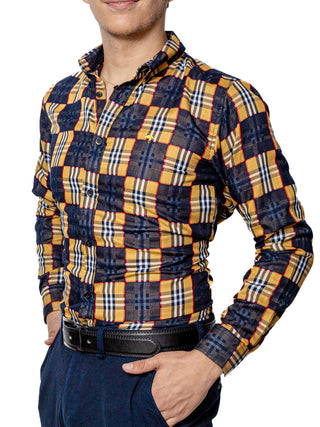 Camisa Casual Hombre,cuadros Azul Marino Y Cafe Detalle Rojo - Tiendas Platino Camisas Hombre 34 (S)