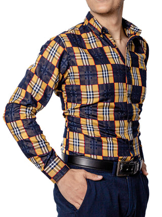 Camisa Casual Hombre,cuadros Azul Marino Y Cafe Detalle Rojo - Tiendas Platino Camisas Hombre 34 (S)