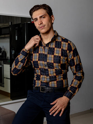 Camisa Casual Hombre,cuadros Azul Marino Y Cafe Detalle Rojo - Tiendas Platino Camisas Hombre 34 (S)