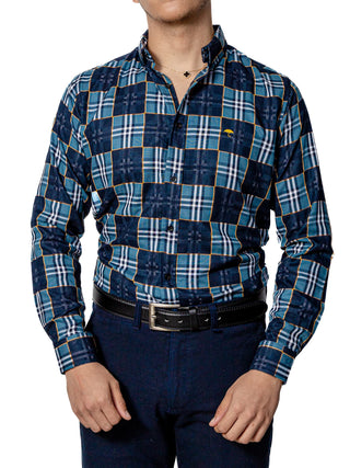 Camisa Casual Hombre,cuadros Azul Oscuro Y Verde Azulado