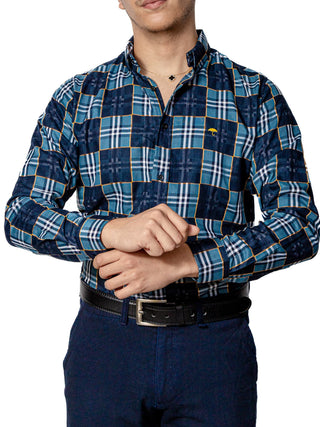 Camisa Casual Hombre,cuadros Azul Oscuro Y Verde Azulado