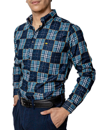 Camisa Casual Hombre,cuadros Azul Oscuro Y Verde Azulado