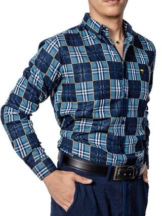 Camisa Casual Hombre,cuadros Azul Oscuro Y Verde Azulado
