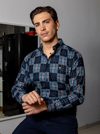 Camisa Casual Hombre,cuadros Azul Oscuro Y Verde Azulado
