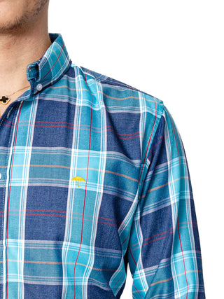 Camisa Casual Hombre,cuadros Azul Turquesa Linea Roja