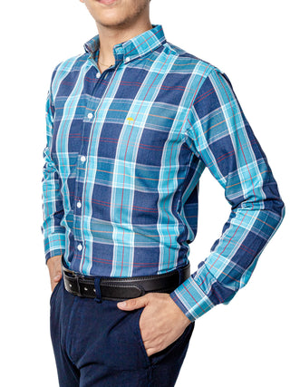 Camisa Casual Hombre,cuadros Azul Turquesa Linea Roja