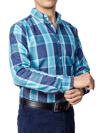 Camisa Casual Hombre,cuadros Azul Turquesa Linea Roja