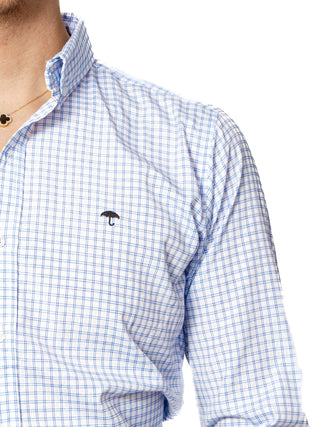 Camisa Casual Hombre, Blanca Cuadros Azul Cielo Tejido - Tiendas Platino Camisas Hombre 34 (S)