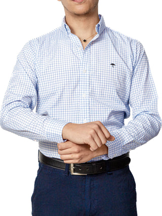 Camisa Casual Hombre, Blanca Cuadros Azul Cielo Tejido - Tiendas Platino Camisas Hombre 34 (S)