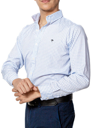 Camisa Casual Hombre, Blanca Cuadros Azul Cielo Tejido - Tiendas Platino Camisas Hombre 34 (S)