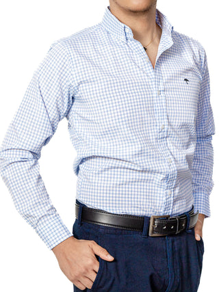 Camisa Casual Hombre, Blanca Cuadros Azul Cielo Tejido - Tiendas Platino Camisas Hombre 34 (S)