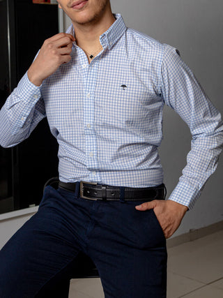 Camisa Casual Hombre, Blanca Cuadros Azul Cielo Tejido