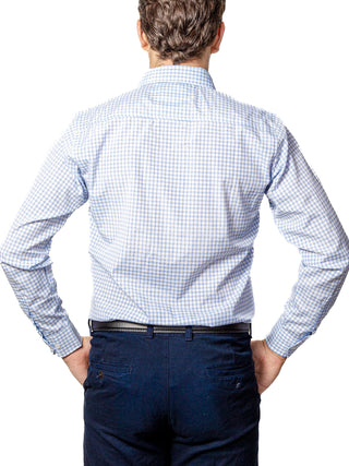 Camisa Casual Hombre, Blanca Cuadros Azul Cielo Tejido - Tiendas Platino Camisas Hombre 34 (S)