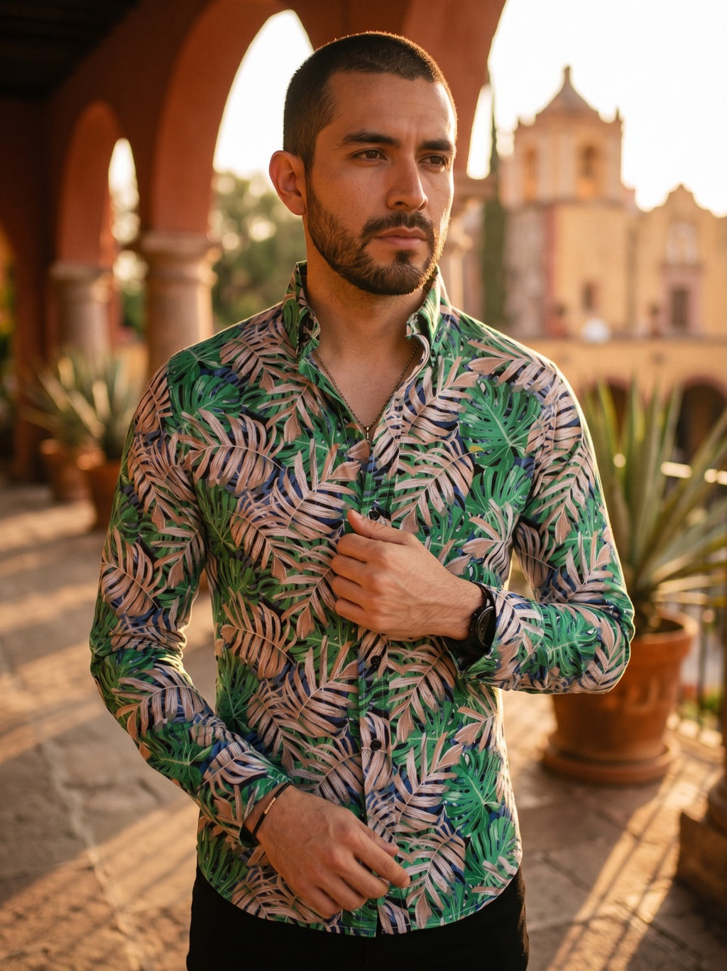 Camisa Hombre Estampado Verde — Green Floral Fit | Moon & Rain