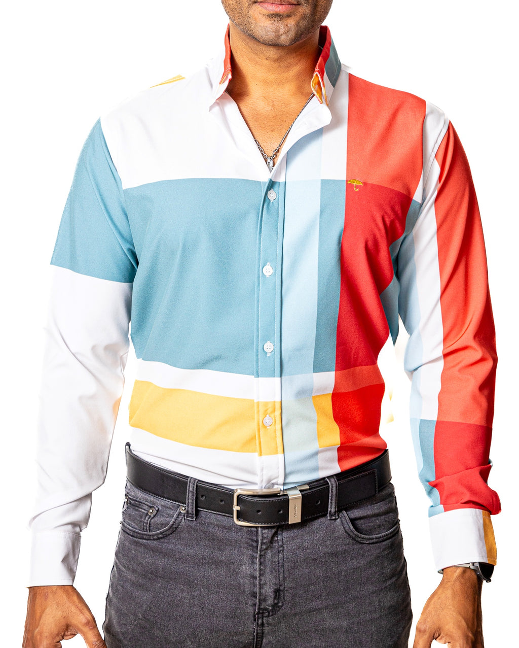 Camisa Casual Hombre Slim, Blanco Cuadros Rojo,naranja,azul - 34 (S)-Tiendas Platino