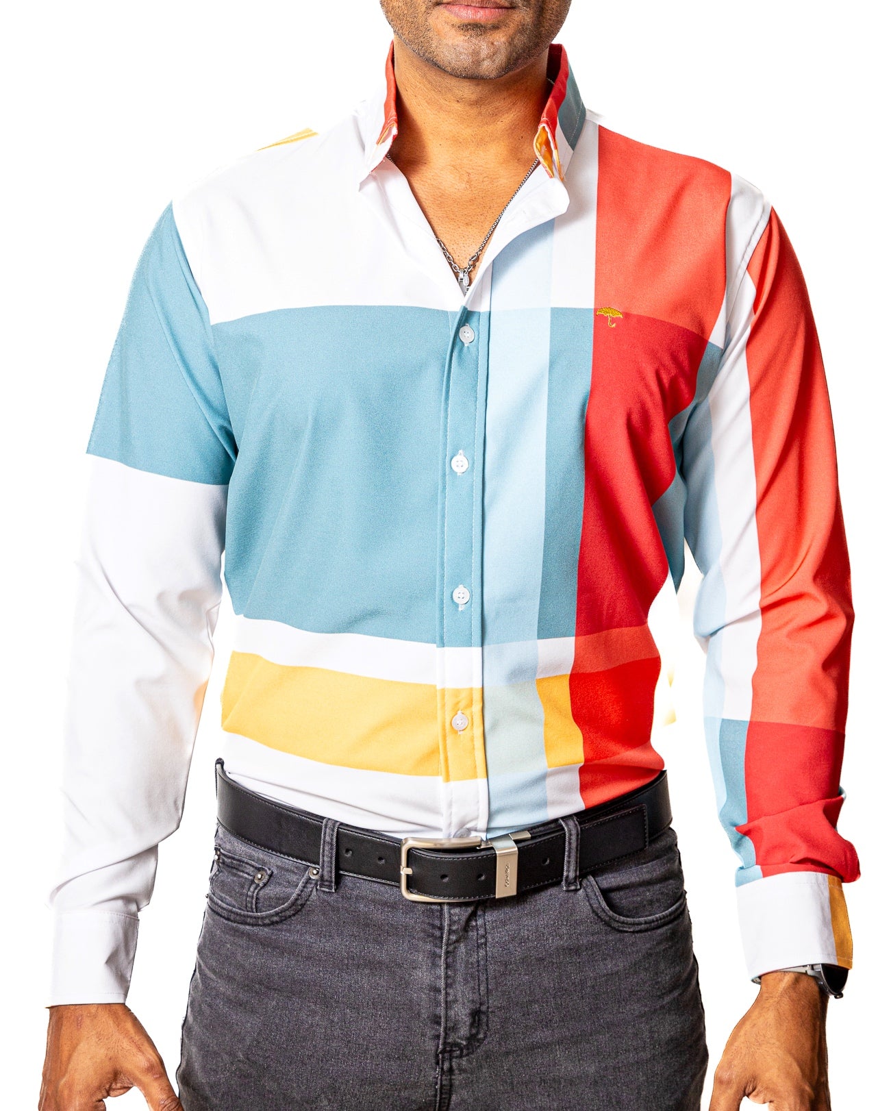Camisa Casual Hombre Slim, Blanco Cuadros Rojo,naranja,azul - 34 (S)-Tiendas Platino