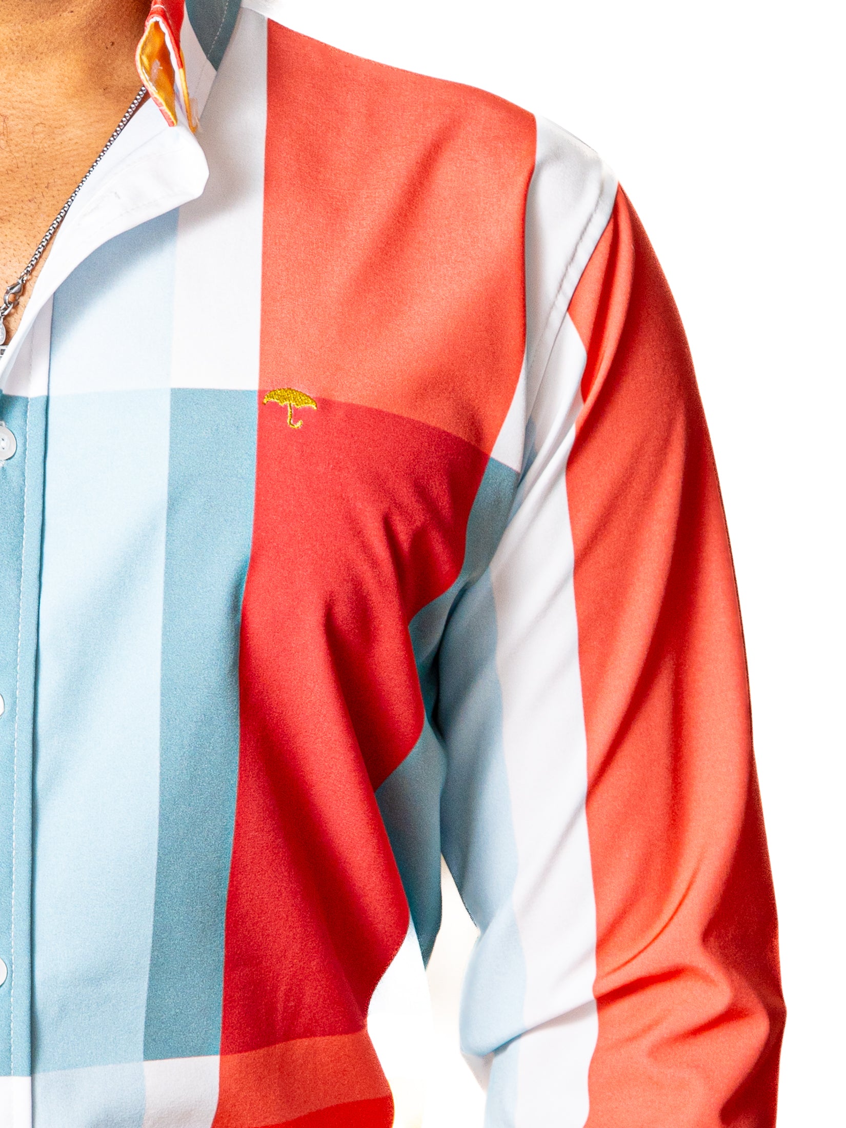 Camisa Casual Hombre Slim, Blanco Cuadros Rojo,naranja,azul - 34 (S)-Tiendas Platino