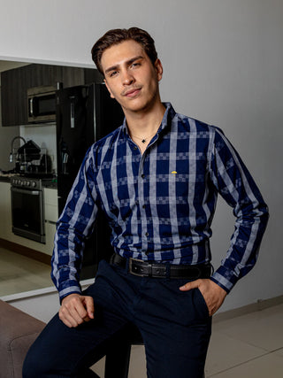 Men's Casual Shirt, Navy Blue and Gray Checkered