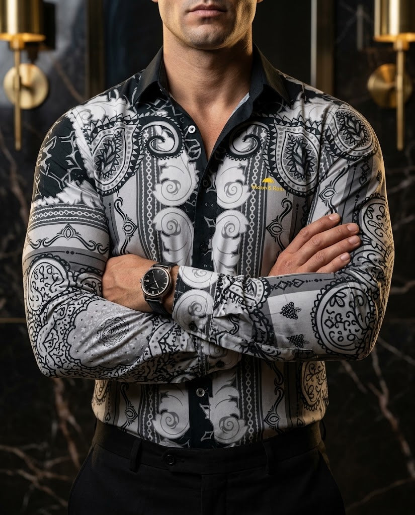 Camisa Hombre Estampado Negro Blanco Gris — Ivory Bloom | Moon & Rain