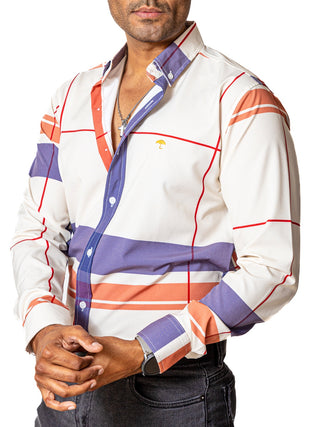 Camisa Casual Hombre Slim, Hueso Franjas Lila, Marron Y Rojo